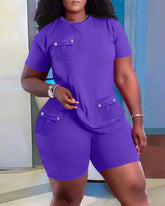 Women Two Piece Shorts Sets Solid Round Neck T Shirts Pockets Elastic Waist Short Trousers Suits Leisure Ladies 2025 Summer - Lena & Miles Exquisite Boutique LLC.