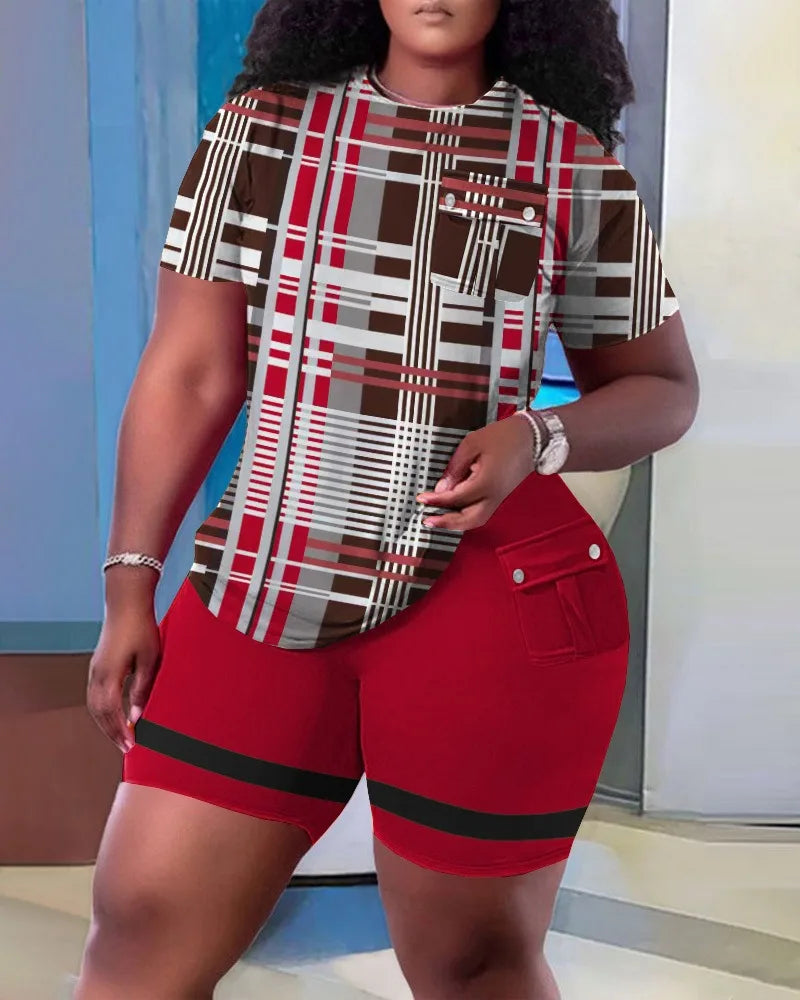 Women Two Piece Shorts Sets Solid Round Neck T Shirts Pockets Elastic Waist Short Trousers Suits Leisure Ladies 2025 Summer - Lena & Miles Exquisite Boutique LLC.