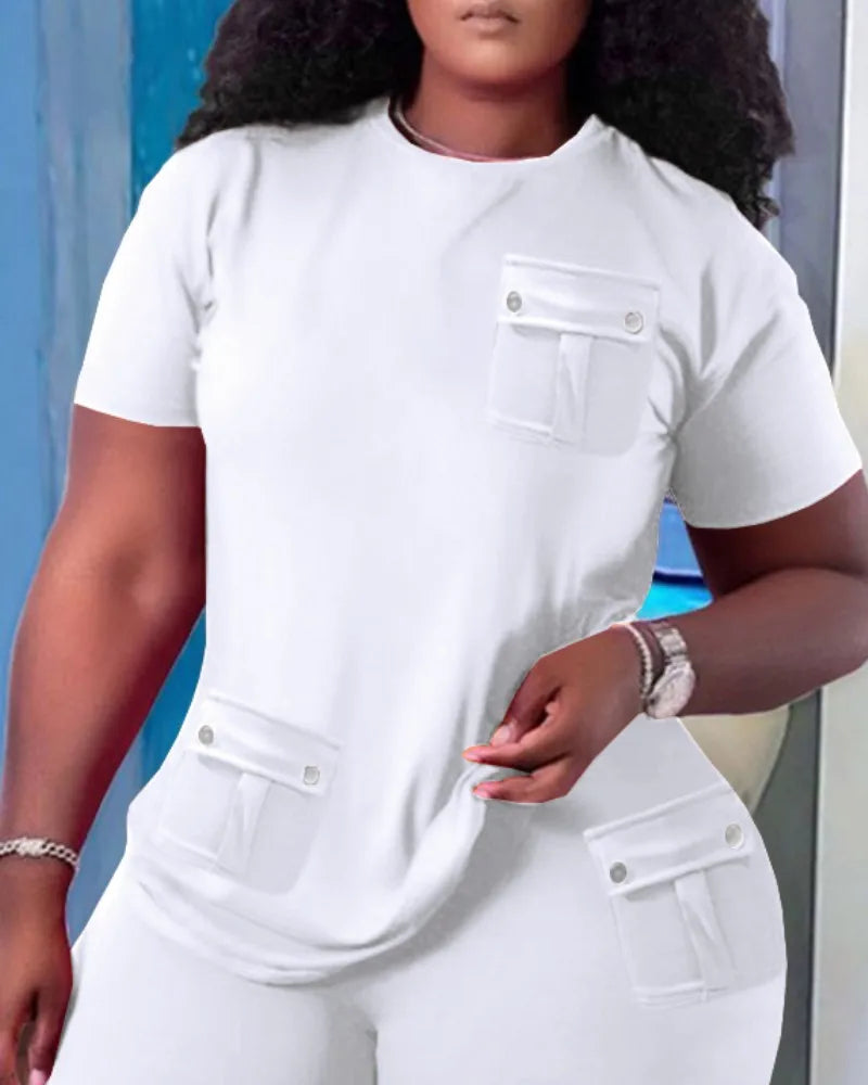 Women Two Piece Shorts Sets Solid Round Neck T Shirts Pockets Elastic Waist Short Trousers Suits Leisure Ladies 2025 Summer - Lena & Miles Exquisite Boutique LLC.