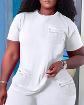 Women Two Piece Shorts Sets Solid Round Neck T Shirts Pockets Elastic Waist Short Trousers Suits Leisure Ladies 2025 Summer - Lena & Miles Exquisite Boutique LLC.