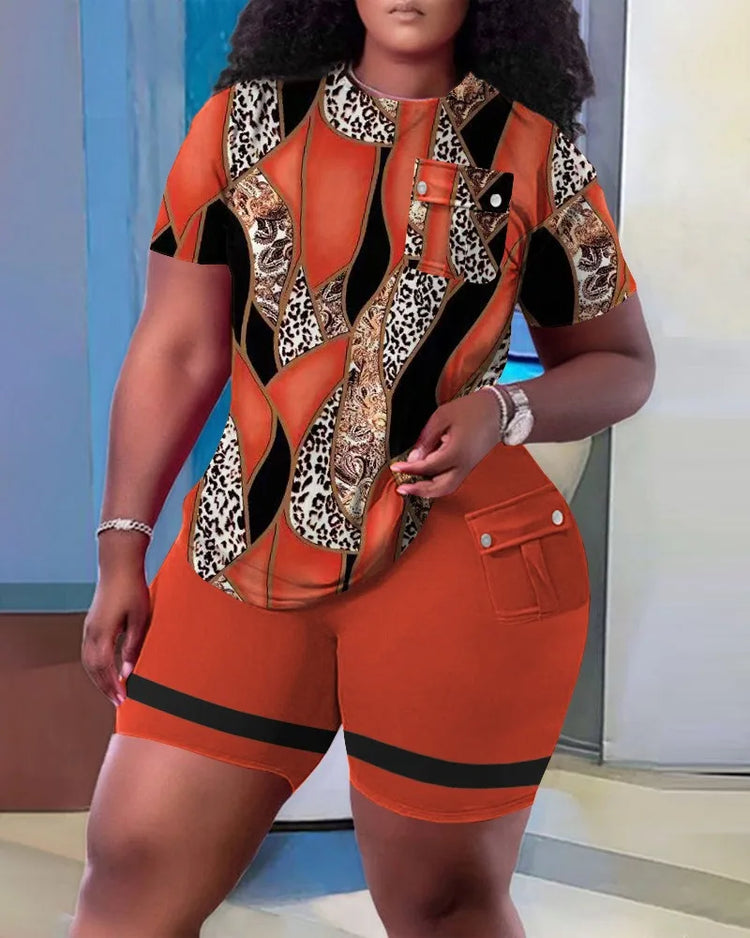 Women Two Piece Shorts Sets Solid Round Neck T Shirts Pockets Elastic Waist Short Trousers Suits Leisure Ladies 2025 Summer - Lena & Miles Exquisite Boutique LLC.