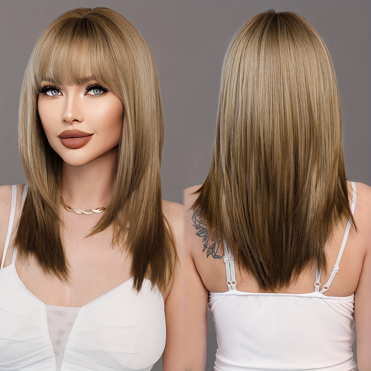 Shoulder Length Ombre Blonde Wig for Women Christmas Costume Cosplay High Density Synthetic Layered Straight Hair Wigs with Bangs Heat Resistant Fiber 20 Inch - Lena & Miles Exquisite Boutique LLC.