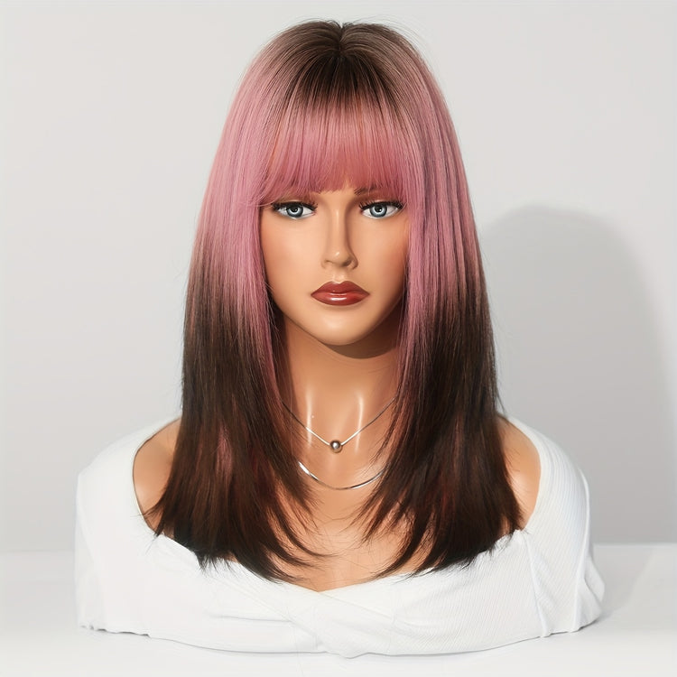 Shoulder Length Ombre Blonde Wig for Women Christmas Costume Cosplay High Density Synthetic Layered Straight Hair Wigs with Bangs Heat Resistant Fiber 20 Inch - Lena & Miles Exquisite Boutique LLC.