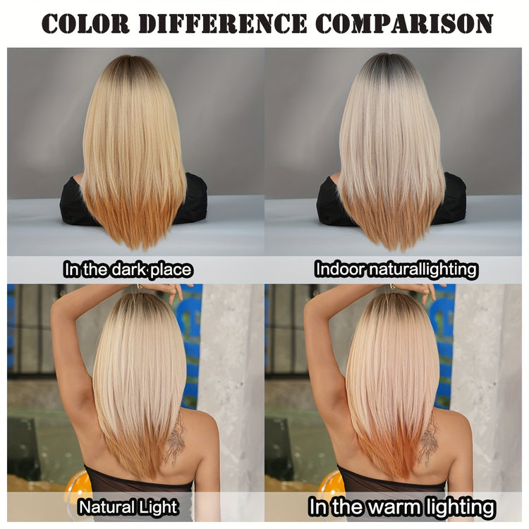 Shoulder Length Ombre Blonde Wig for Women Christmas Costume Cosplay High Density Synthetic Layered Straight Hair Wigs with Bangs Heat Resistant Fiber 20 Inch - Lena & Miles Exquisite Boutique LLC.