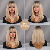 Shoulder Length Ombre Blonde Wig for Women Christmas Costume Cosplay High Density Synthetic Layered Straight Hair Wigs with Bangs Heat Resistant Fiber 20 Inch - Lena & Miles Exquisite Boutique LLC.