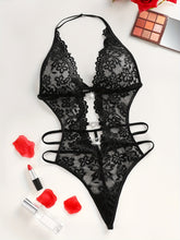 Sultry Heart Cut Out Lace Teddy Bodysuit - Plunging Neckline, Halter Neck Design, Adjustable Lace Up Back, Sexy Contrast Lace Details, Women&