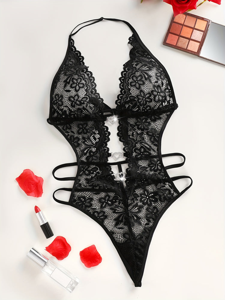 Sultry Heart Cut Out Lace Teddy Bodysuit - Plunging Neckline, Halter Neck Design, Adjustable Lace Up Back, Sexy Contrast Lace Details, Women&