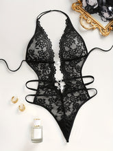 Sultry Heart Cut Out Lace Teddy Bodysuit - Plunging Neckline, Halter Neck Design, Adjustable Lace Up Back, Sexy Contrast Lace Details, Women&