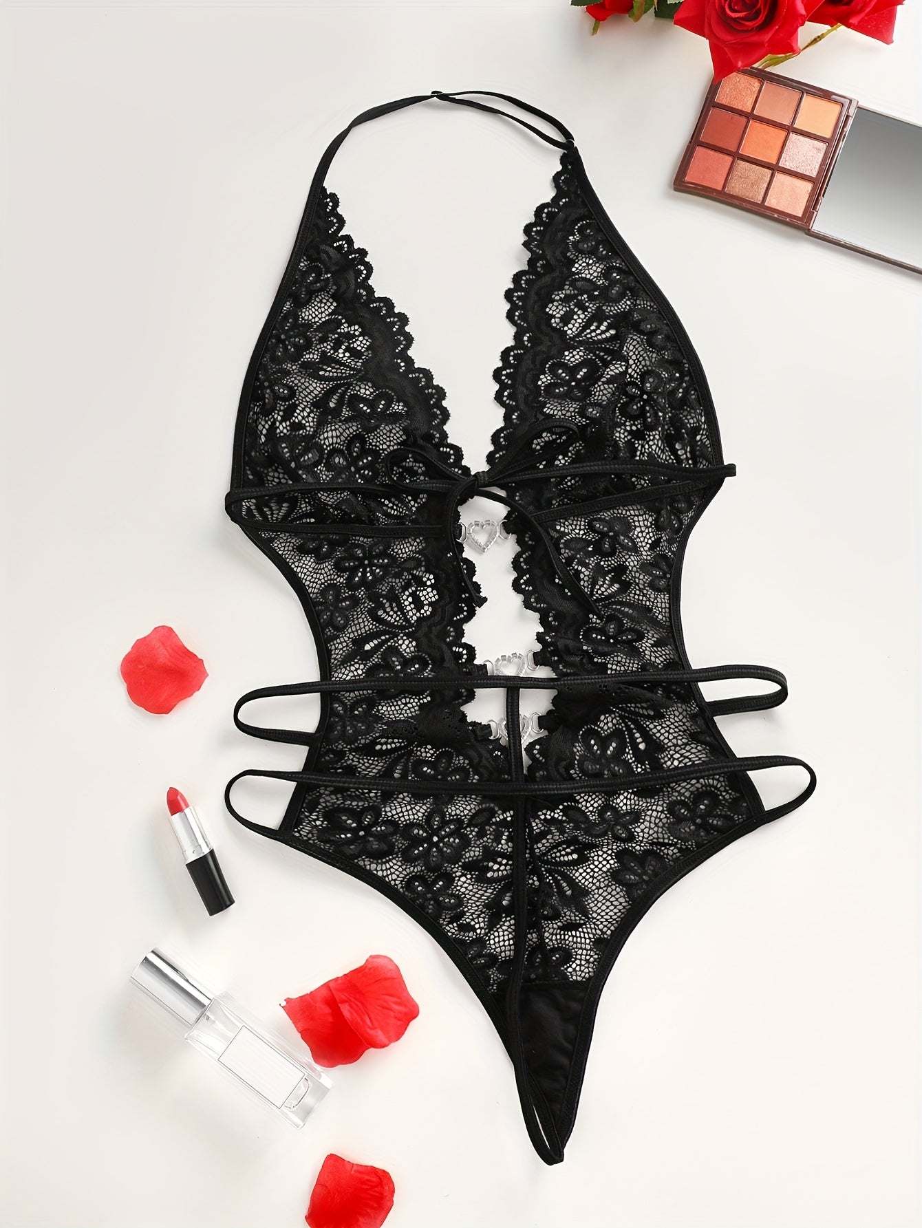 Sultry Heart Cut Out Lace Teddy Bodysuit - Plunging Neckline, Halter Neck Design, Adjustable Lace Up Back, Sexy Contrast Lace Details, Women&