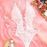 Sultry Heart Cut Out Lace Teddy Bodysuit - Plunging Neckline, Halter Neck Design, Adjustable Lace Up Back, Sexy Contrast Lace Details, Women&