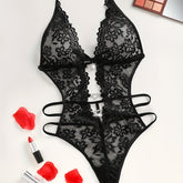 Sultry Heart Cut Out Lace Teddy Bodysuit - Plunging Neckline, Halter Neck Design, Adjustable Lace Up Back, Sexy Contrast Lace Details, Women&