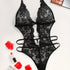 Sultry Heart Cut Out Lace Teddy Bodysuit - Plunging Neckline, Halter Neck Design, Adjustable Lace Up Back, Sexy Contrast Lace Details, Women&