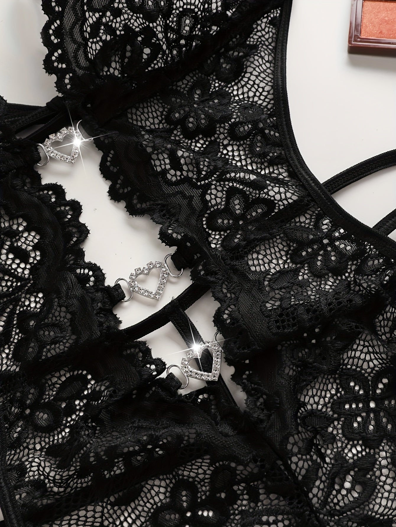 Sultry Heart Cut Out Lace Teddy Bodysuit - Plunging Neckline, Halter Neck Design, Adjustable Lace Up Back, Sexy Contrast Lace Details, Women&