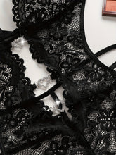 Sultry Heart Cut Out Lace Teddy Bodysuit - Plunging Neckline, Halter Neck Design, Adjustable Lace Up Back, Sexy Contrast Lace Details, Women&