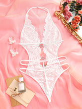 Sultry Heart Cut Out Lace Teddy Bodysuit - Plunging Neckline, Halter Neck Design, Adjustable Lace Up Back, Sexy Contrast Lace Details, Women&