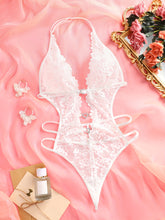 Sultry Heart Cut Out Lace Teddy Bodysuit - Plunging Neckline, Halter Neck Design, Adjustable Lace Up Back, Sexy Contrast Lace Details, Women&