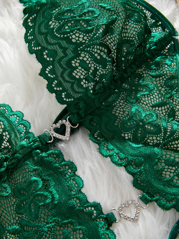 Sultry Heart Cut Out Lace Teddy Bodysuit - Plunging Neckline, Halter Neck Design, Adjustable Lace Up Back, Sexy Contrast Lace Details, Women&