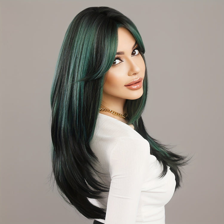 Long Wavy Dark Green Wig For Women Daily Use Natural Synthetic Miidle Part Wigs Layered Heat Resistant Music Festival - Lena & Miles Exquisite Boutique LLC.