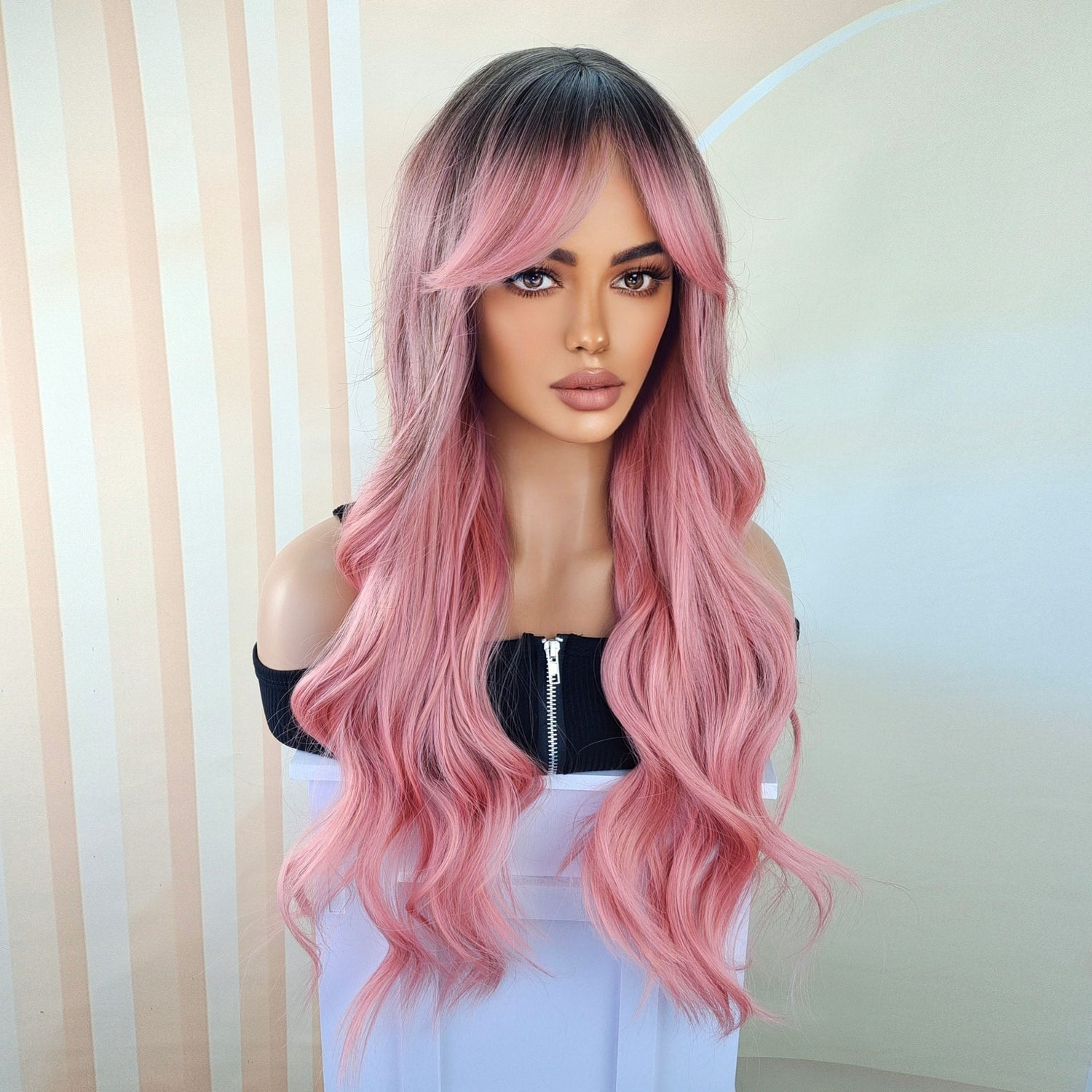 Pink Hair Wigs For Women Long Curly Wig With Bangs Ombre Synthetic Wig Heat Resistant Cute Wigs Cosplay Music Festival - Lena & Miles Exquisite Boutique LLC.