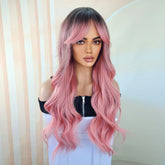 Pink Hair Wigs For Women Long Curly Wig With Bangs Ombre Synthetic Wig Heat Resistant Cute Wigs Cosplay Music Festival - Lena & Miles Exquisite Boutique LLC.