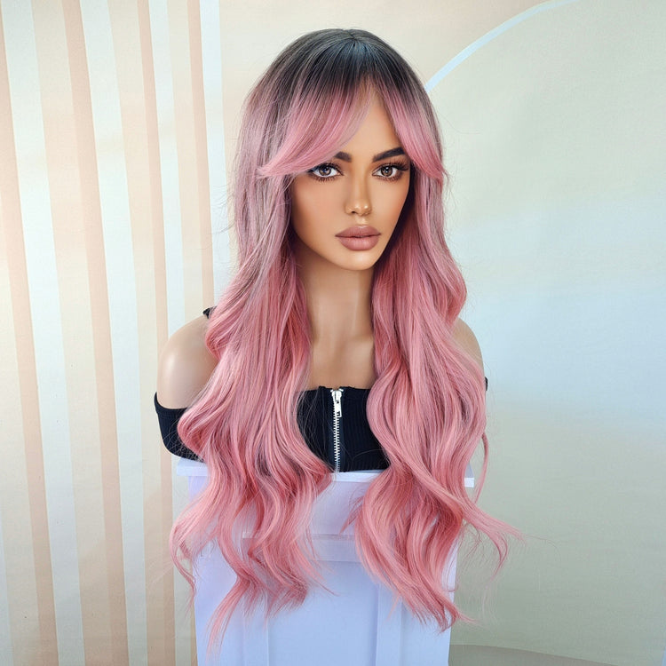 Pink Hair Wigs For Women Long Curly Wig With Bangs Ombre Synthetic Wig Heat Resistant Cute Wigs Cosplay Music Festival - Lena & Miles Exquisite Boutique LLC.