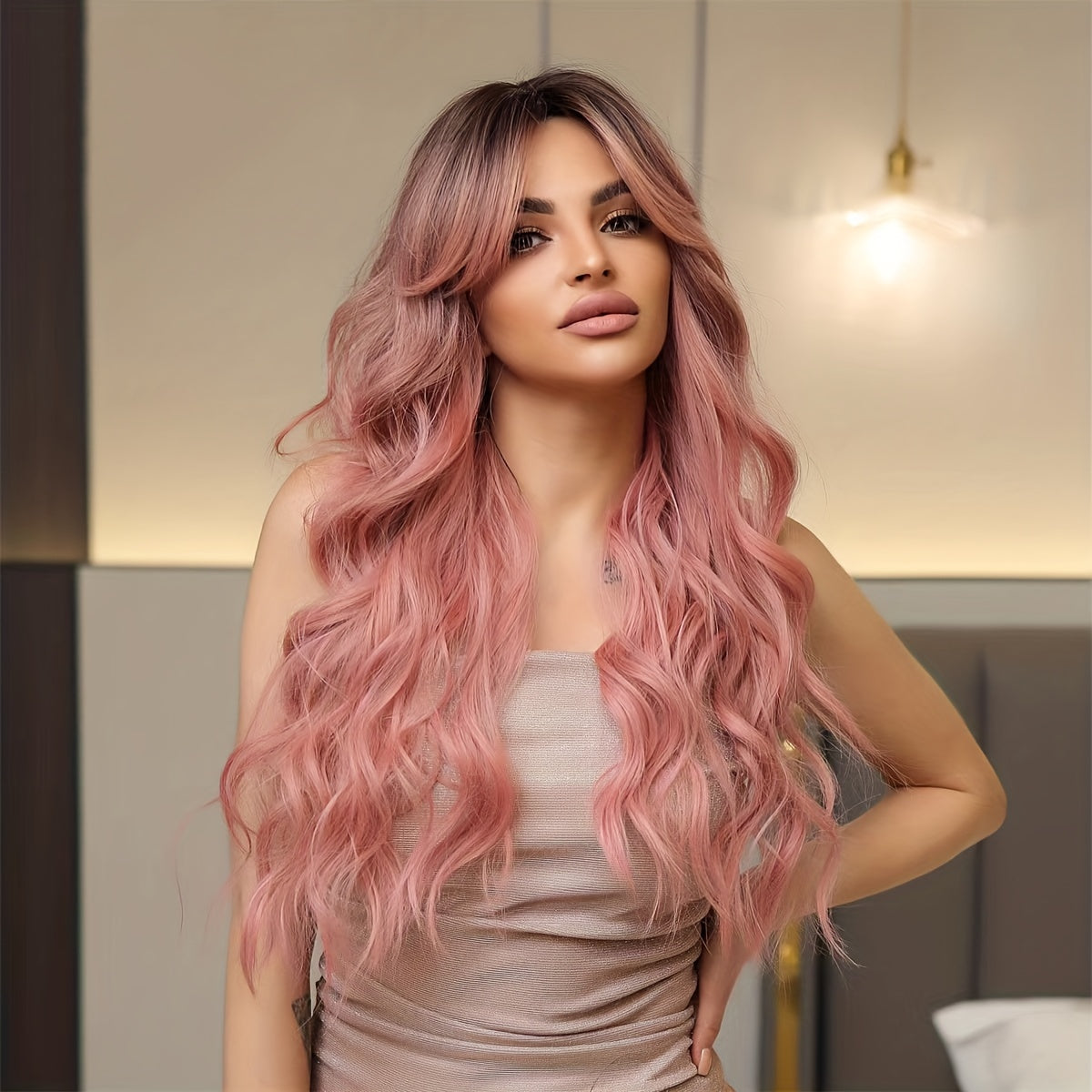 Pink Hair Wigs For Women Long Curly Wig With Bangs Ombre Synthetic Wig Heat Resistant Cute Wigs Cosplay Music Festival - Lena & Miles Exquisite Boutique LLC.