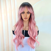 Pink Hair Wigs For Women Long Curly Wig With Bangs Ombre Synthetic Wig Heat Resistant Cute Wigs Cosplay Music Festival - Lena & Miles Exquisite Boutique LLC.