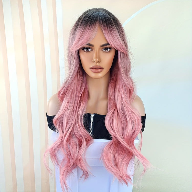 Pink Hair Wigs For Women Long Curly Wig With Bangs Ombre Synthetic Wig Heat Resistant Cute Wigs Cosplay Music Festival - Lena & Miles Exquisite Boutique LLC.