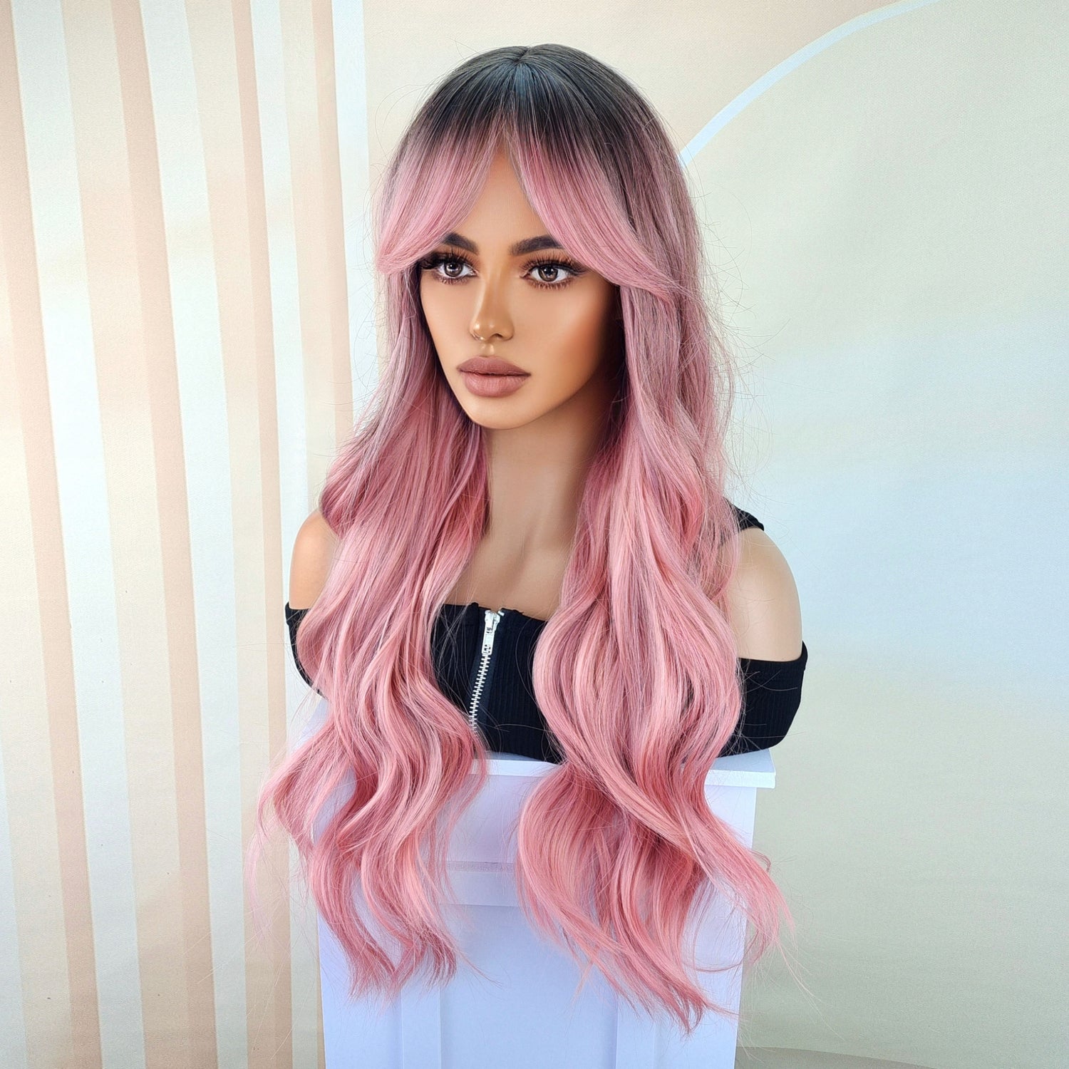 Pink Hair Wigs For Women Long Curly Wig With Bangs Ombre Synthetic Wig Heat Resistant Cute Wigs Cosplay Music Festival - Lena & Miles Exquisite Boutique LLC.