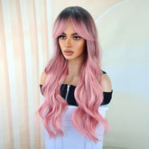 Pink Hair Wigs For Women Long Curly Wig With Bangs Ombre Synthetic Wig Heat Resistant Cute Wigs Cosplay Music Festival - Lena & Miles Exquisite Boutique LLC.