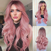 Pink Hair Wigs For Women Long Curly Wig With Bangs Ombre Synthetic Wig Heat Resistant Cute Wigs Cosplay Music Festival - Lena & Miles Exquisite Boutique LLC.