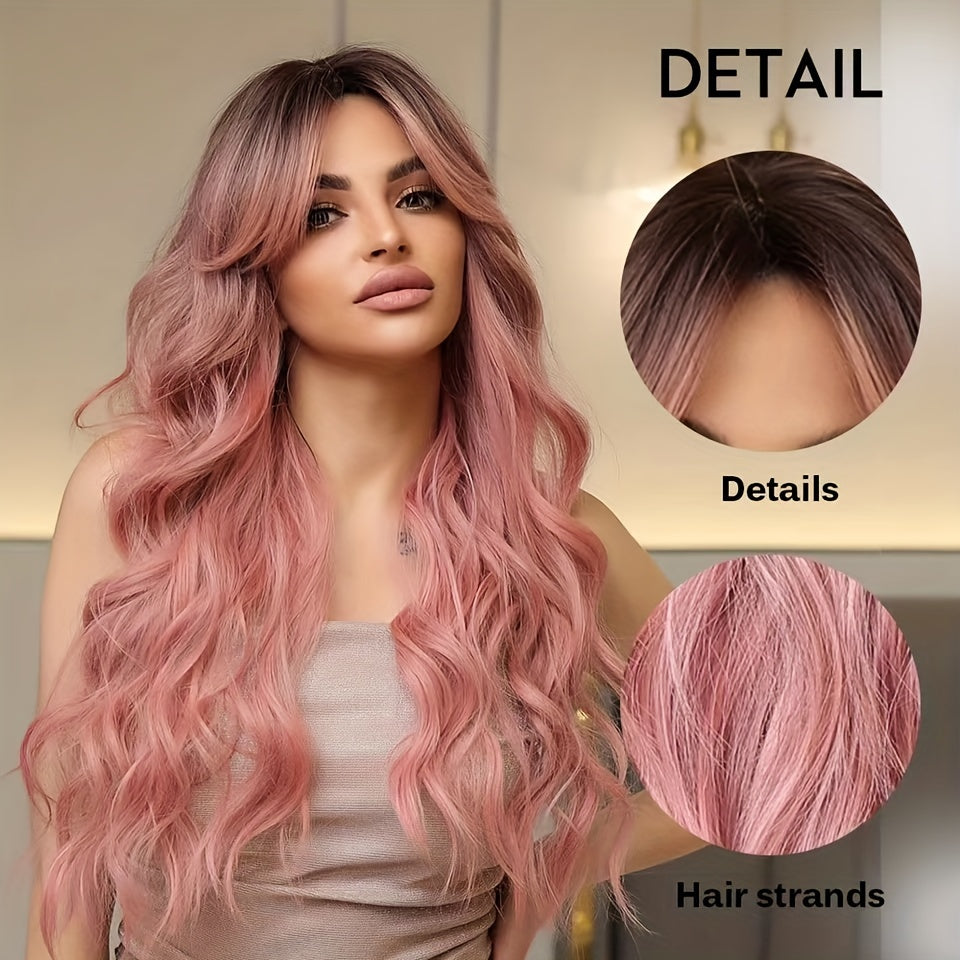 Pink Hair Wigs For Women Long Curly Wig With Bangs Ombre Synthetic Wig Heat Resistant Cute Wigs Cosplay Music Festival - Lena & Miles Exquisite Boutique LLC.