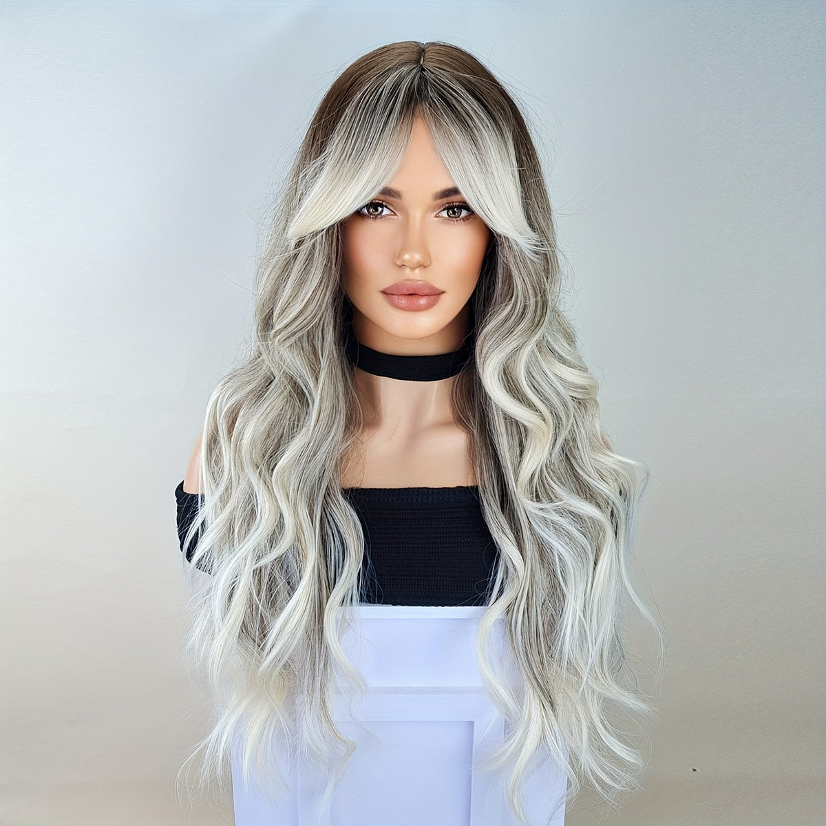 Long Ombre Brown Blonde Wavy Wigs With Curtain Bangs For Women Synthetic Curly Wig Heat Resistant Fiber Wigs For Daily Cosplay - Lena & Miles Exquisite Boutique LLC.