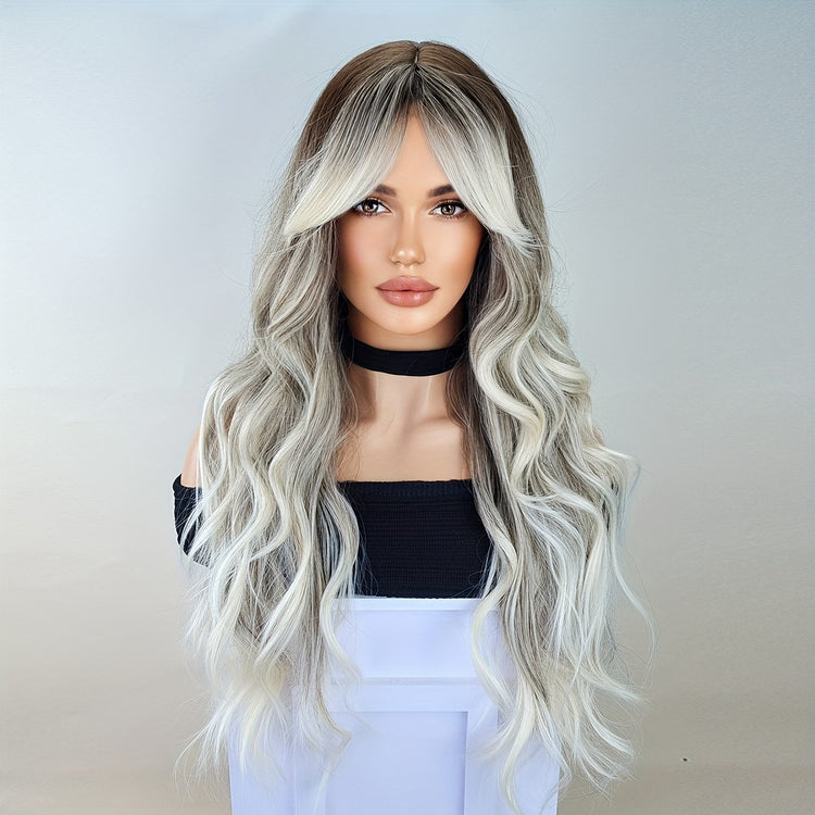 Long Ombre Brown Blonde Wavy Wigs With Curtain Bangs For Women Synthetic Curly Wig Heat Resistant Fiber Wigs For Daily Cosplay - Lena & Miles Exquisite Boutique LLC.