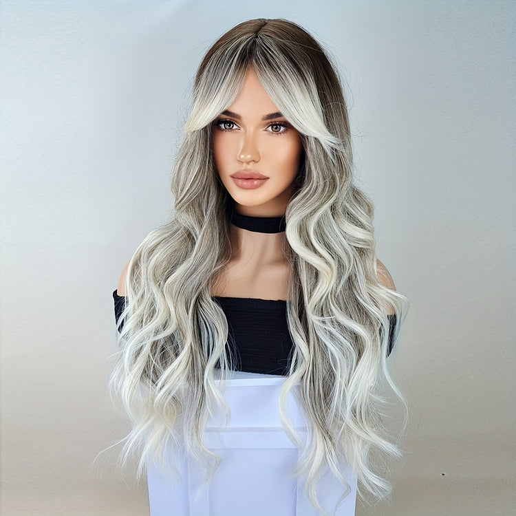 Long Ombre Brown Blonde Wavy Wigs With Curtain Bangs For Women Synthetic Curly Wig Heat Resistant Fiber Wigs For Daily Cosplay - Lena & Miles Exquisite Boutique LLC.
