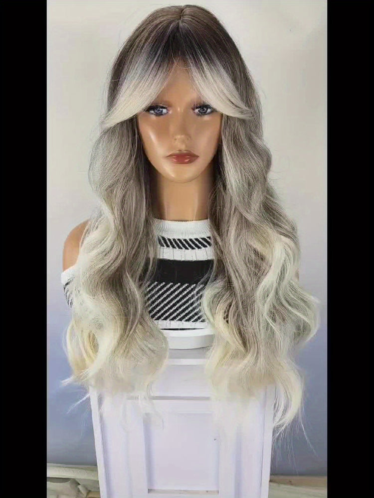 Long Ombre Brown Blonde Wavy Wigs With Curtain Bangs For Women Synthetic Curly Wig Heat Resistant Fiber Wigs For Daily Cosplay - Lena & Miles Exquisite Boutique LLC.