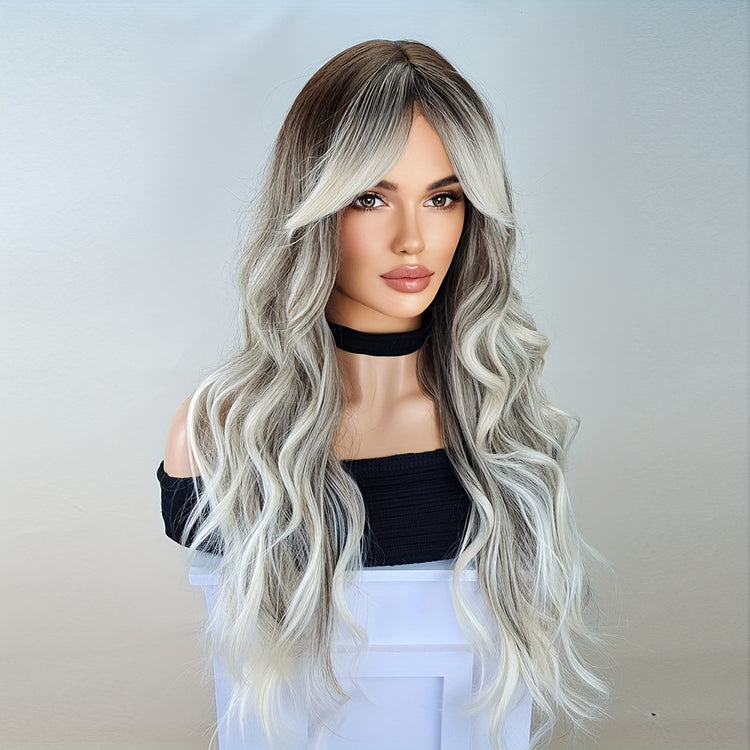 Long Ombre Brown Blonde Wavy Wigs With Curtain Bangs For Women Synthetic Curly Wig Heat Resistant Fiber Wigs For Daily Cosplay - Lena & Miles Exquisite Boutique LLC.