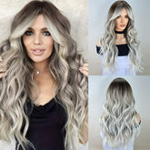 Long Ombre Brown Blonde Wavy Wigs With Curtain Bangs For Women Synthetic Curly Wig Heat Resistant Fiber Wigs For Daily Cosplay - Lena & Miles Exquisite Boutique LLC.