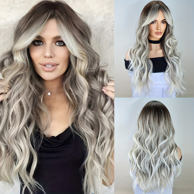 Long Ombre Brown Blonde Wavy Wigs With Curtain Bangs For Women Synthetic Curly Wig Heat Resistant Fiber Wigs For Daily Cosplay - Lena & Miles Exquisite Boutique LLC.