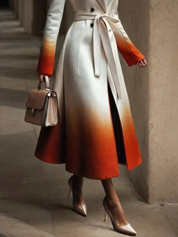 UOOZEE Fashion Gradient Color Warm Woolen Coats For Women 2025 New Long Sleeves Tied Waist Notched Collar Elegant Outerwears - Lena & Miles Exquisite Boutique LLC.