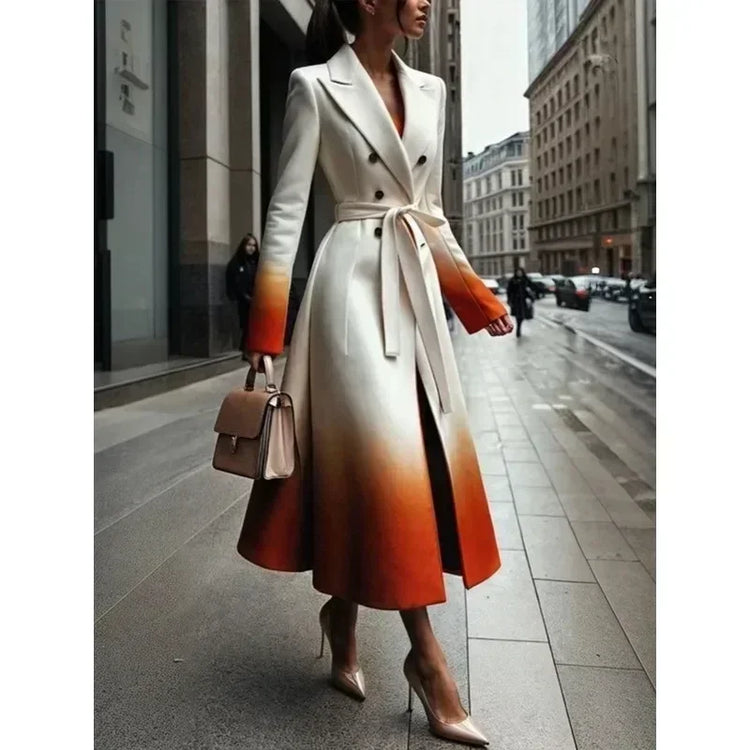 UOOZEE Fashion Gradient Color Warm Woolen Coats For Women 2025 New Long Sleeves Tied Waist Notched Collar Elegant Outerwears - Lena & Miles Exquisite Boutique LLC.