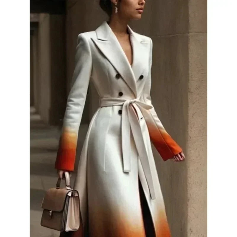 UOOZEE Fashion Gradient Color Warm Woolen Coats For Women 2025 New Long Sleeves Tied Waist Notched Collar Elegant Outerwears - Lena & Miles Exquisite Boutique LLC.
