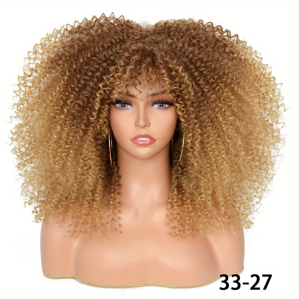 Soft Fluffy Afro Kinky Curly 16 Inch Hair Wigs With Bangs - Synthetic Fiber None Lace Wigs For Party Cosplay Daily Use - Lena & Miles Exquisite Boutique LLC.