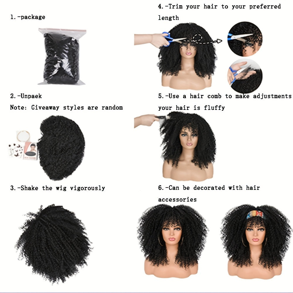 Soft Fluffy Afro Kinky Curly 16 Inch Hair Wigs With Bangs - Synthetic Fiber None Lace Wigs For Party Cosplay Daily Use - Lena & Miles Exquisite Boutique LLC.