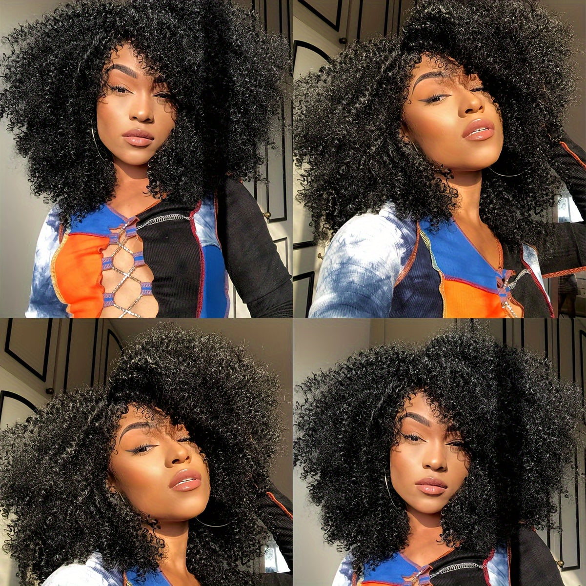 Soft Fluffy Afro Kinky Curly 16 Inch Hair Wigs With Bangs - Synthetic Fiber None Lace Wigs For Party Cosplay Daily Use - Lena & Miles Exquisite Boutique LLC.