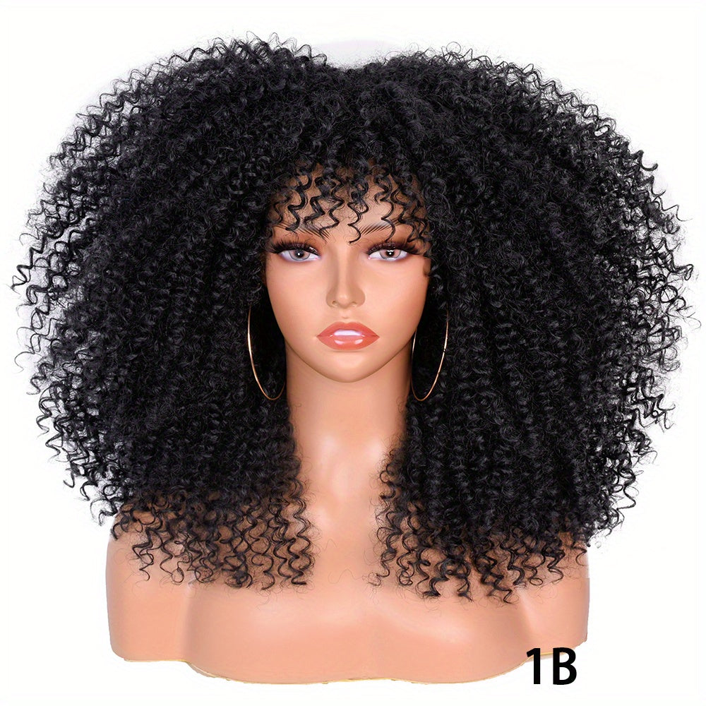 Soft Fluffy Afro Kinky Curly 16 Inch Hair Wigs With Bangs - Synthetic Fiber None Lace Wigs For Party Cosplay Daily Use - Lena & Miles Exquisite Boutique LLC.
