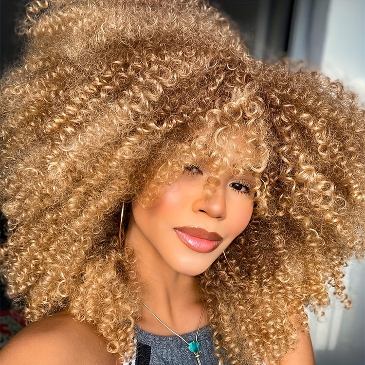 Soft Fluffy Afro Kinky Curly 16 Inch Hair Wigs With Bangs - Synthetic Fiber None Lace Wigs For Party Cosplay Daily Use - Lena & Miles Exquisite Boutique LLC.