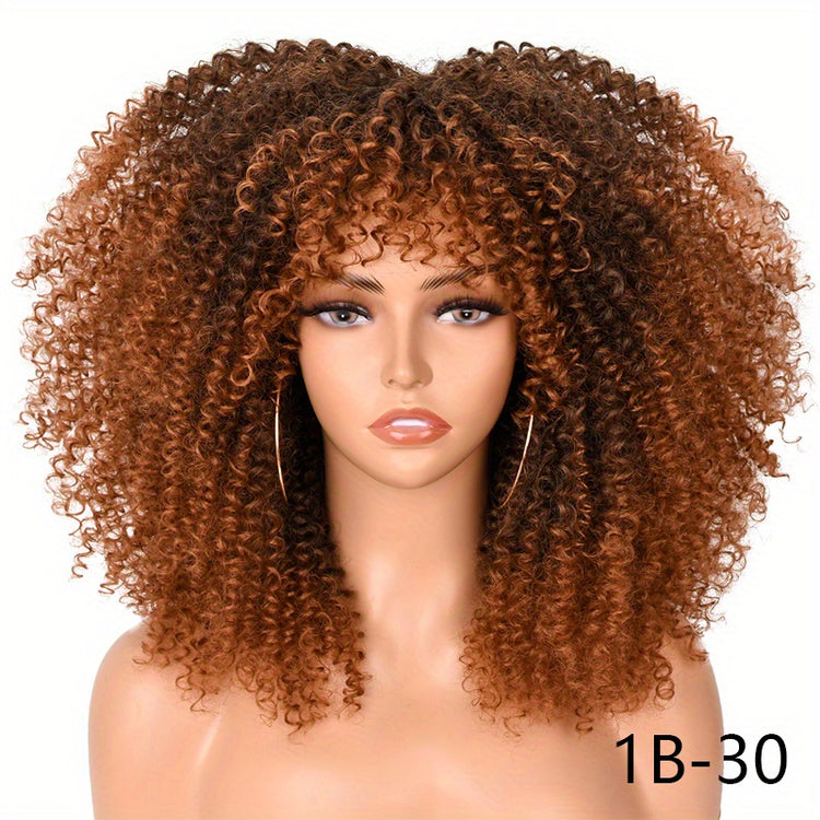 Soft Fluffy Afro Kinky Curly 16 Inch Hair Wigs With Bangs - Synthetic Fiber None Lace Wigs For Party Cosplay Daily Use - Lena & Miles Exquisite Boutique LLC.