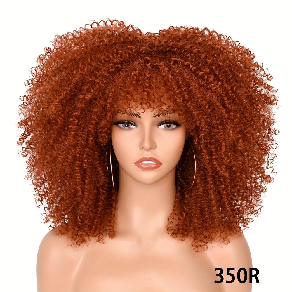 Soft Fluffy Afro Kinky Curly 16 Inch Hair Wigs With Bangs - Synthetic Fiber None Lace Wigs For Party Cosplay Daily Use - Lena & Miles Exquisite Boutique LLC.