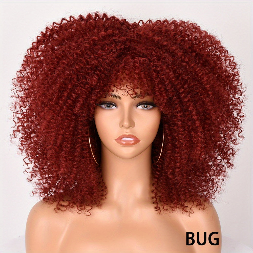 Soft Fluffy Afro Kinky Curly 16 Inch Hair Wigs With Bangs - Synthetic Fiber None Lace Wigs For Party Cosplay Daily Use - Lena & Miles Exquisite Boutique LLC.